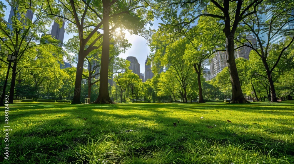 Cityscape with park and skyscrapers, promoting world environment day and green urban spaces