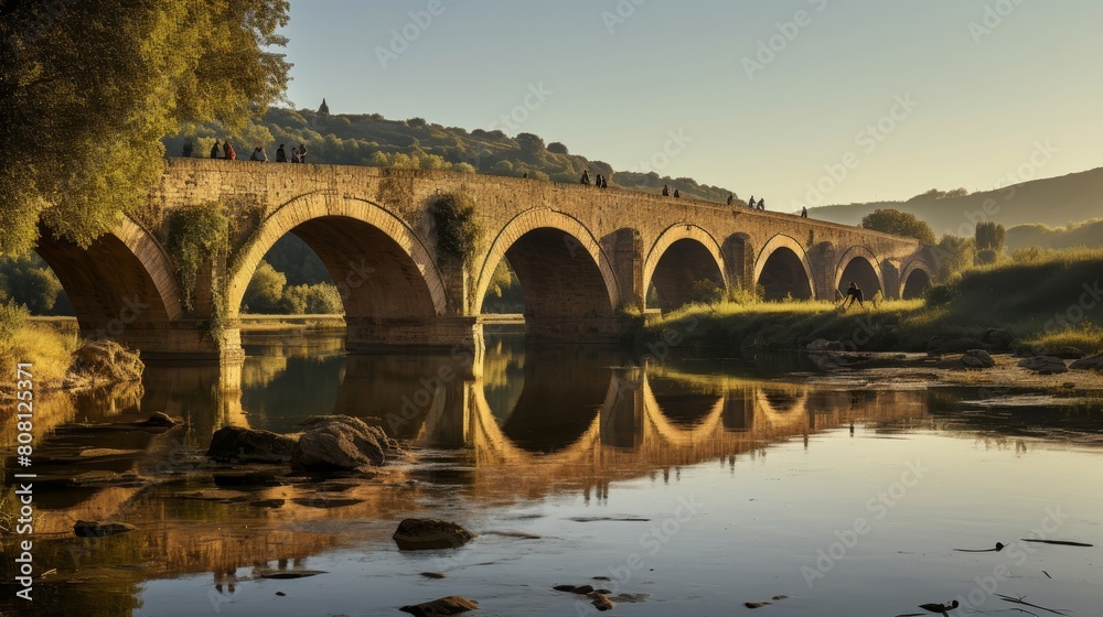 Fototapeta premium Roman bridge spanning river arches reflected travelers crossing