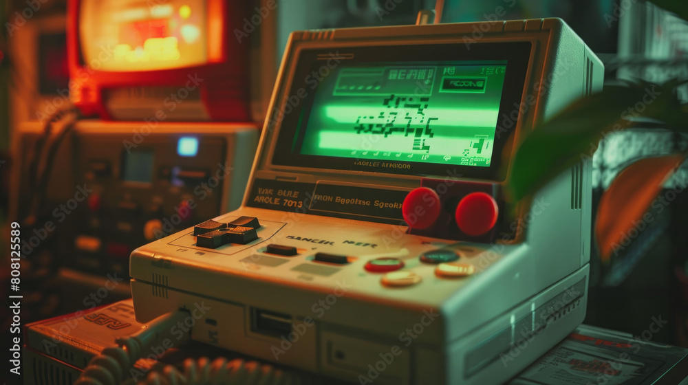 An old video game console is playing an 80s arcade game, the loading screen shows a green progress bar moving as the player waits to start a new level. An old video game console is playing an 80s arcade game, the loading screen shows a green progress bar moving as the player waits to start a new level.