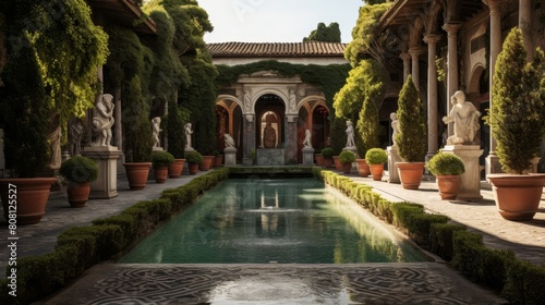 Roman villa's courtyard mosaic pool lush greenery statues