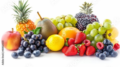 A variety of fruits including strawberries  blueberries  grapes  pineapple  pear  lemon  and blackberries.