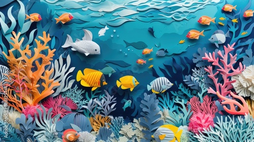 Papercut art of a coral reef with parts bleached white against vibrant fish  illustrating ocean temperature impacts.