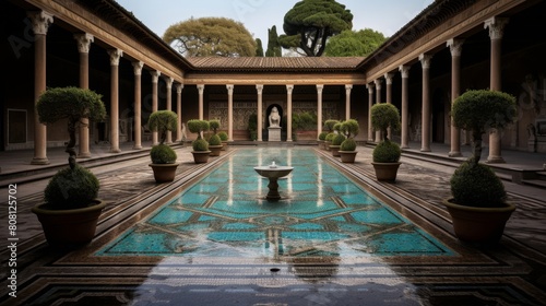 Roman villa s peristyle garden colonnades central courtyard with mosaic fountain