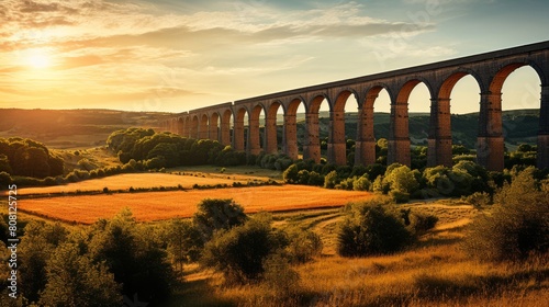 Roman aqueduct's monumental arches stretching across sun-drenched countryside