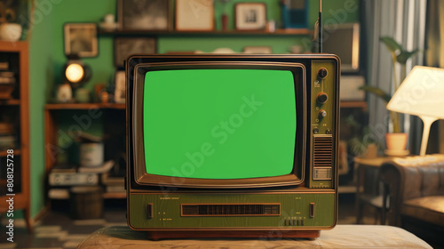 An old-fashioned green screen TV, like the ones from the 90s, sits in a living room. The screen is blank and ready to be filled with your own images or videos.
