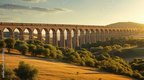 Roman aqueduct's monumental arches across sun-drenched countryside