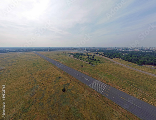 Aerial landscape of Tempelhofer Feld runway at abandoned airport in summer in Central Berlin