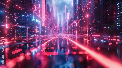 3d Cybernetic Matrix, Digital cubes and circuitry patterns, Glowing neon lights and grids, Metallic and glossy textures, Reflective surfaces and digital refractions