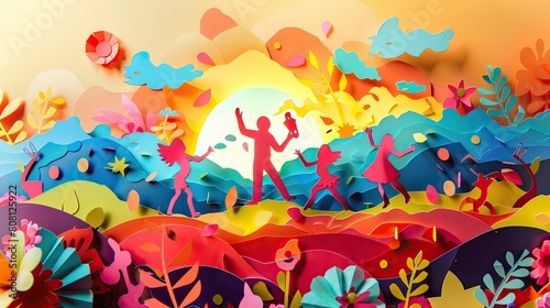 Papercut art of a family at a music festival  dancing and enjoying music  crafted from colorful paper.