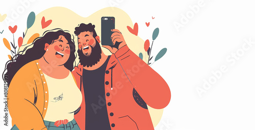 Happy Couple Taking Selfie Photo on Smartphone. Body positive concept  Banner with copy space.