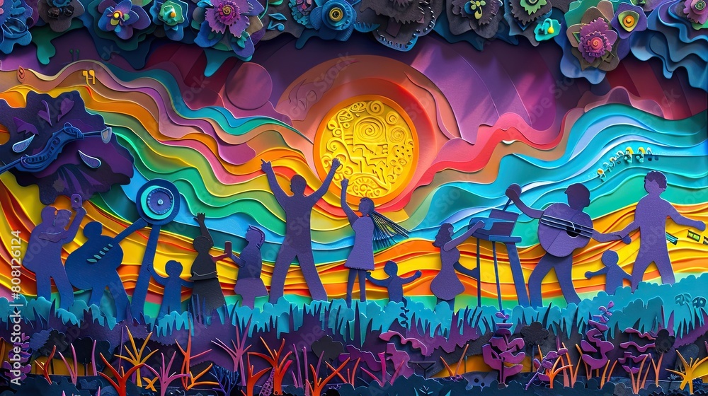 Papercut art of a family at a music festival, dancing and enjoying music, crafted from colorful paper.