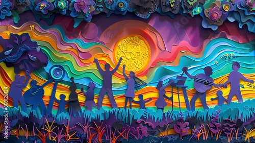Obraz Papercut art of a family at a music festival, dancing and enjoying music, crafted from colorful paper.