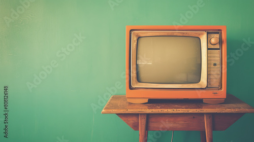 An old-fashioned orange TV sits on a wooden table against a cool green wall. The photo has a vintage Instagram filter, giving it a nostalgic and faded look. photo