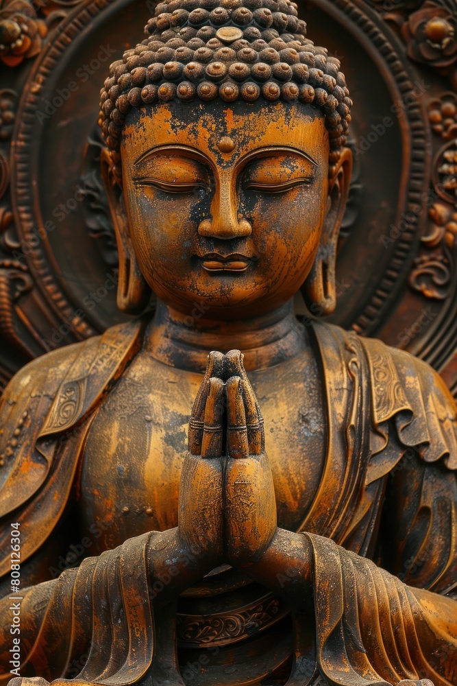 Buddha golden statue close up on dark background Buddha golden statue close up on dark background
