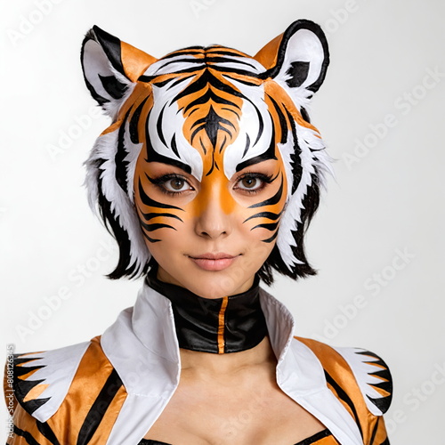 Cosplay woman-tiger on white background