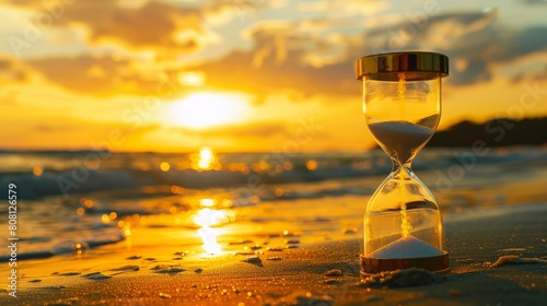An hourglass timer sits on the beach as the sun sets behind it.