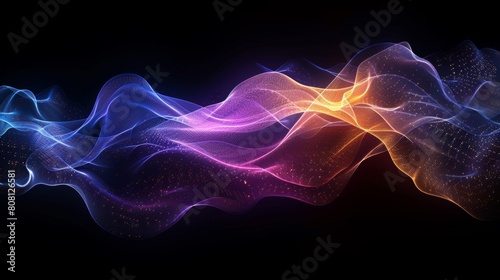 Modern illustration of Artificial Intelligence wave lines neural network purple blue and green light on black background. Concept of technology, machine learning, and artificial intelligence.
