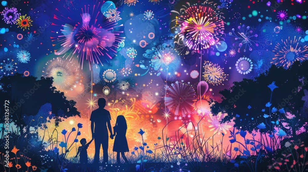 Papercut art of a family watching fireworks, with vibrant paper explosions in the sky, reflecting joy and celebration. Papercut art of a family watching fireworks, with vibrant paper explosions in the sky, reflecting joy and celebration.