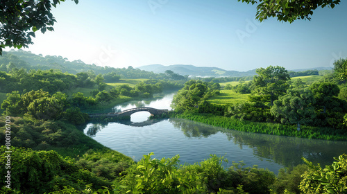 Serene River and Bridge in a Picturesque Landscape photo