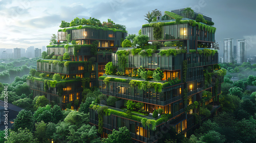 The image shows a group of modern skyscrapers covered in lush greenery, showcasing a harmonious blend of urban development and nature. photo