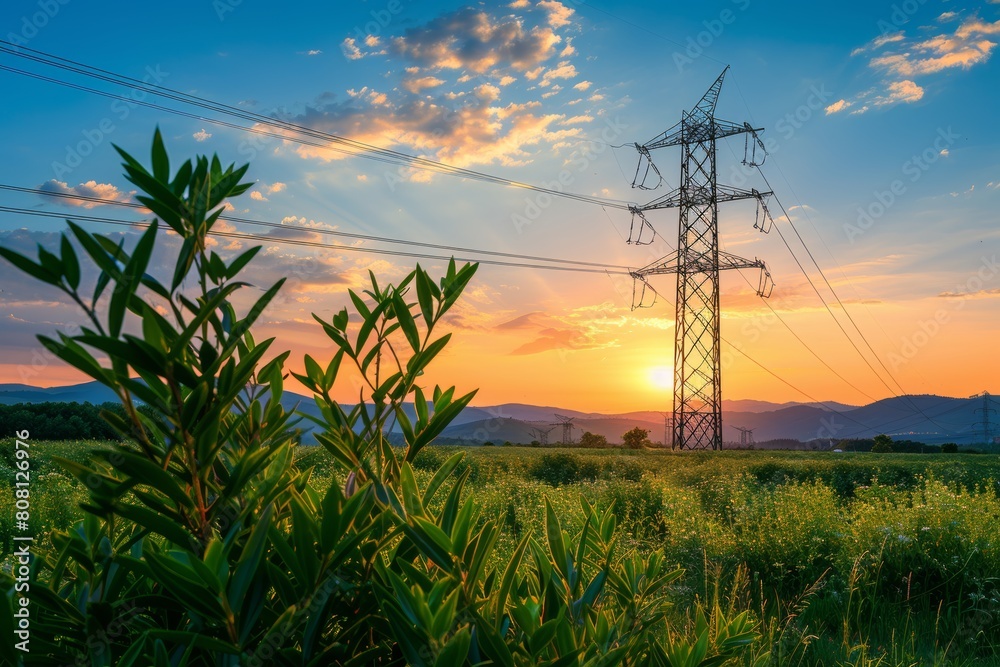 Obraz premium Dramatic silhouette of high voltage electric tower against vibrant sunset sky backdrop