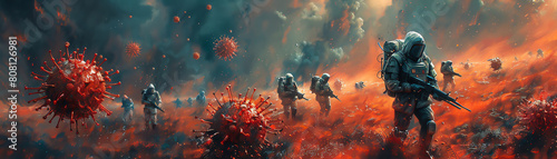 The image shows a group of soldiers in hazmat suits walking through a post-apocalyptic landscape