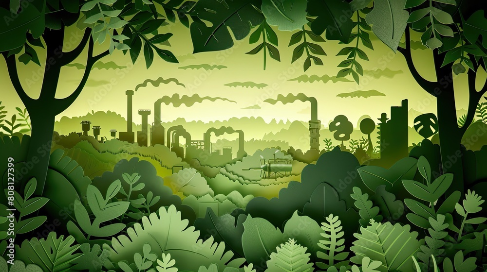 Papercut art of a lush forest with hidden bioenergy facilities, using organic waste to produce energy.