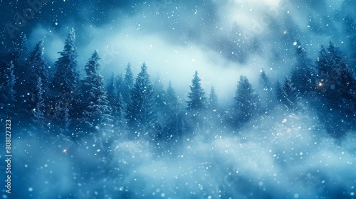 A winter forest in the middle of a snowstorm