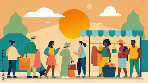 The sun beats down on the outdoor community center as attendees eagerly wait in line to exchange their clothing and accessories at the community. Vector illustration