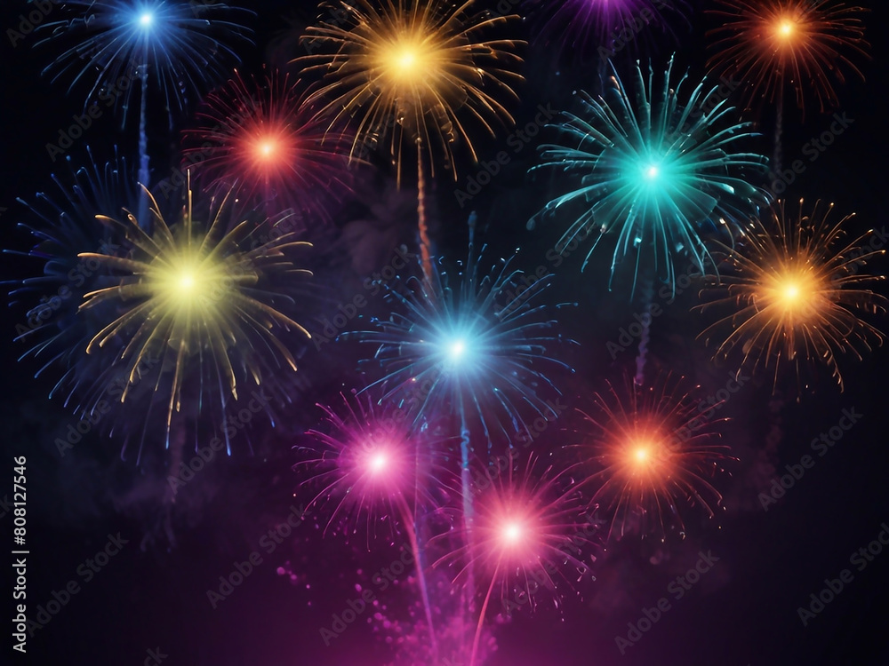 Fototapeta premium Colorful vibrant glittering fireworks Background with glow smoke and confetti banner ai generative