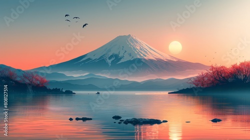 An abstract art Mount Fuji Japan landmark silhouette with birds, sunrise, and sunset isolated on a pastel earth tone blue background. photo