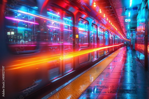 A subway train speeds through a station  casting a colorful glow on the platform
