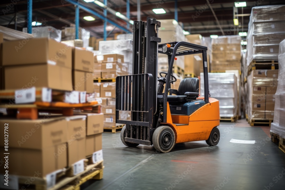 Efficient retail warehouse  forklift amid shelves of cardboard boxes for logistics distribution