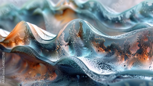 Elemental Fusion, Elemental shapes and swirling patterns, Soft and diffused ambient light, Smooth and glossy surfaces, Reflective surfaces and soft reflections, Variable depth of field photo