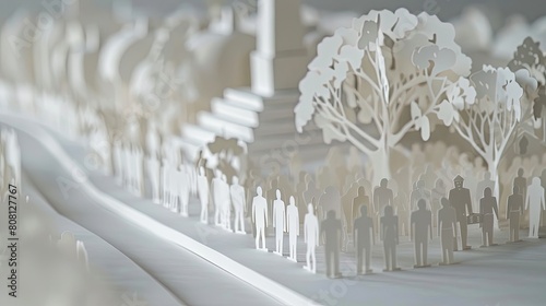 Papercut art of a Memorial Day service at a war memorial, with a crowd of paper figures paying respects. photo