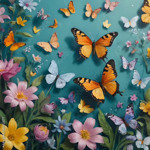 butterflies are flying around a flower bed with many different colors © Masum