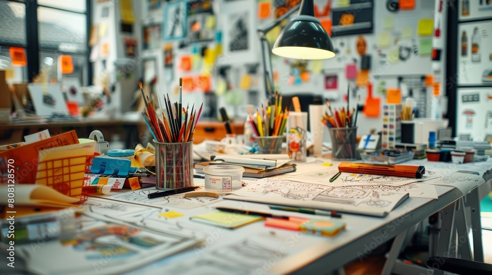 A cluttered desk with a lamp, pencils, and other supplies.