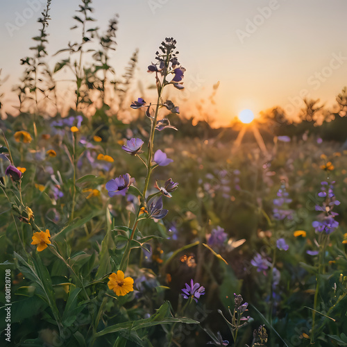 a field of wildflowers with the sun setting in the background