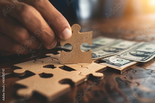 Businessman separates the wooden puzzle with a picture of money The concept of financial management and distribution of funds Saving and investing Property division Divorce and leg photo