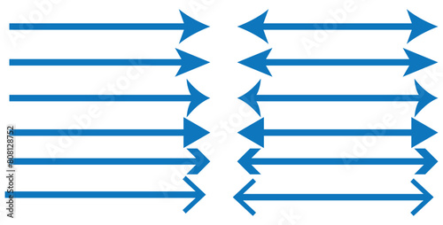 Blue horizontal straight arrow. Thin long arrow vector icon. Right thin line, blue cursor, horizontal arrow long vector element