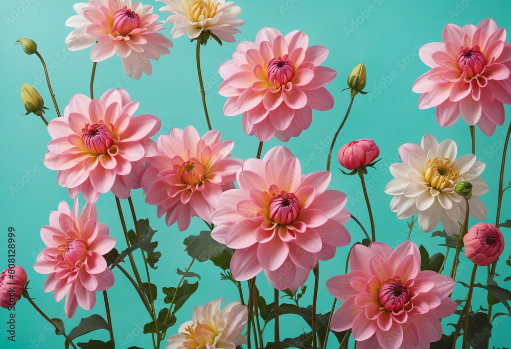 Lovely floral bouquet on a pastel turquoise background with copy space for a romantic gift idea Lovely floral bouquet on a pastel turquoise background with copy space for a romantic gift idea
