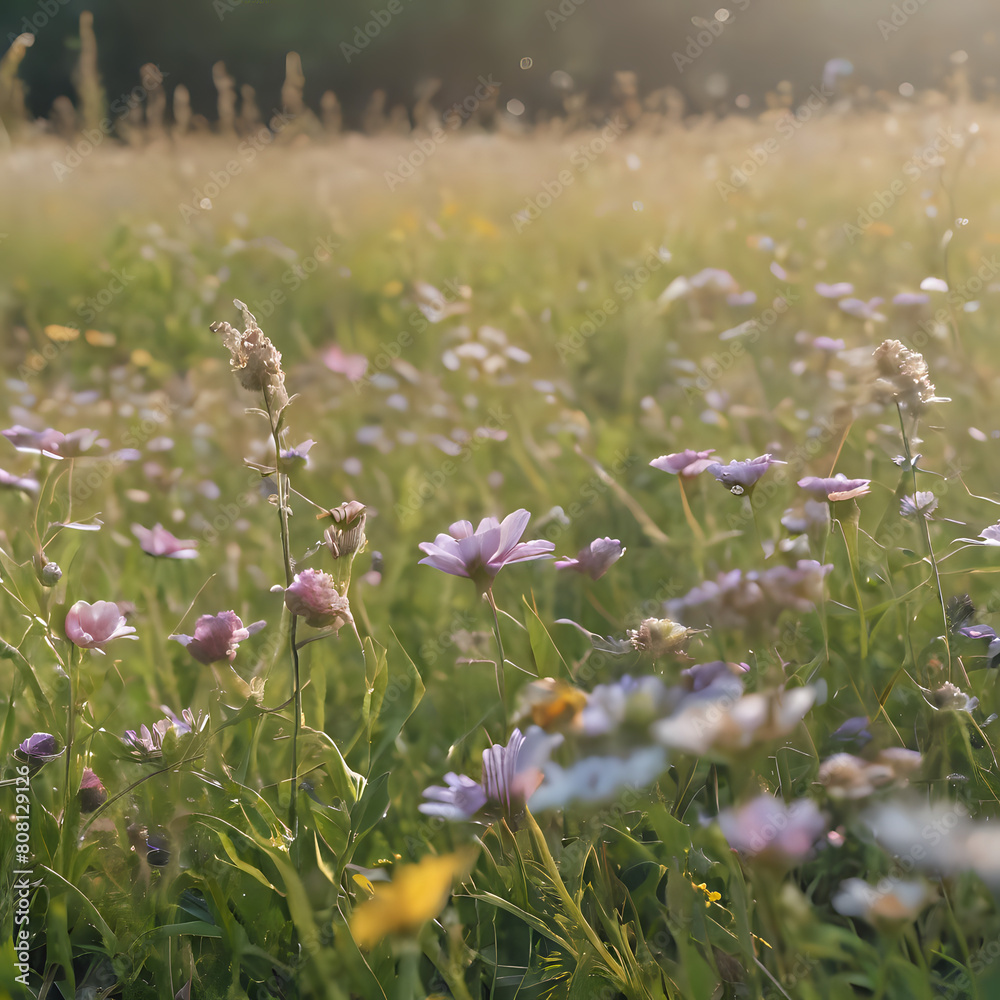 a many different flowers in the field with the sun shining a many different flowers in the field with the sun shining