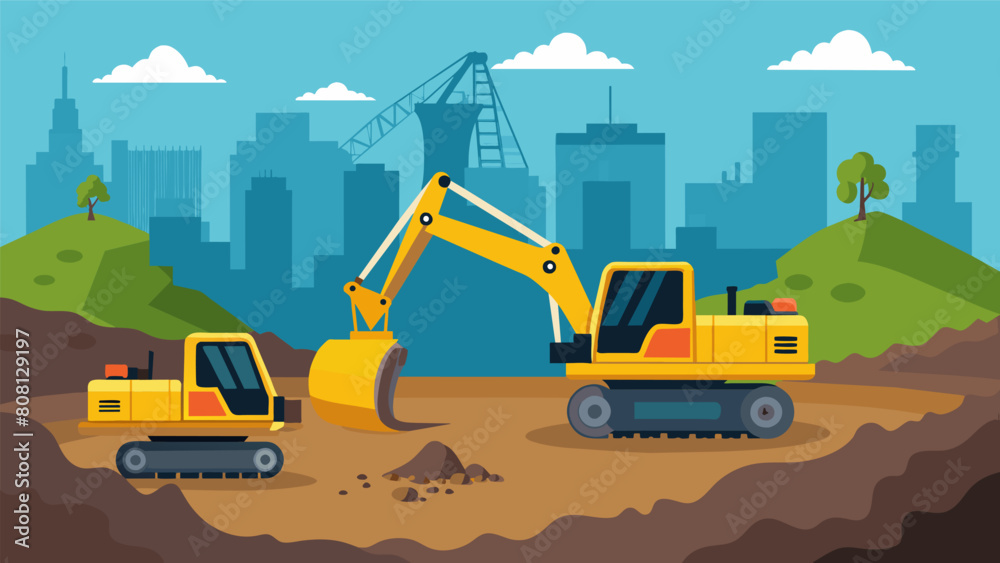 Steadily and relentless the excavators continue to dig deeper and deeper creating a solid foundation that will serve as the base for the new building.. Vector illustration
