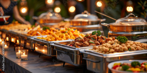 A long table with chafing dishes filled with delicious food, ready for an evening party. Group of people eating catering buffet food indoors at restaurant or wedding venue with colorful meat,vegetable photo