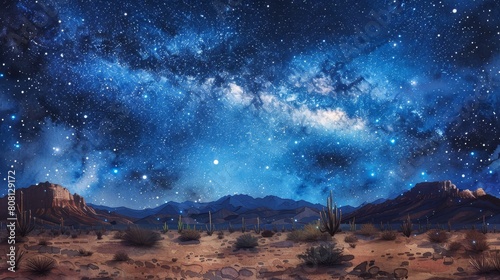 Amazing view of the night sky full of stars in the middle of the desert with mountains in the distance.