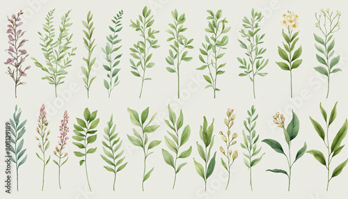 AI-generated collection of botanical elements in soft watercolor, perfect for graphic design and layout, with transparent backgrounds and isolated vectors for seamless patterns and elegant floral deco