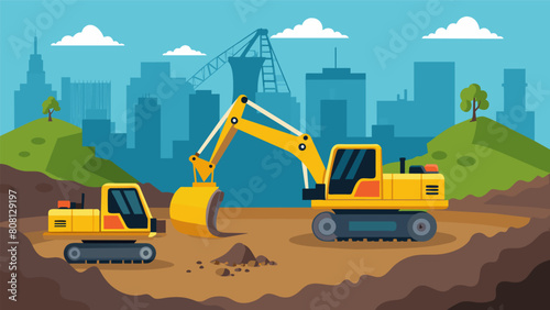 Steadily and relentless the excavators continue to dig deeper and deeper creating a solid foundation that will serve as the base for the new building.. Vector illustration