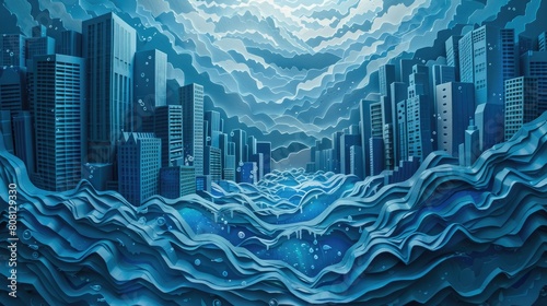 Papercut art of an underwater cityscape, with buildings made from shades of blue paper to indicate submersion. photo