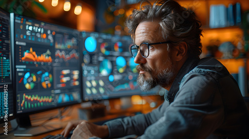 A focused male analyst works intently on multiple data screens, showcasing the intensity and concentration required for data analysis and technology-driven insights