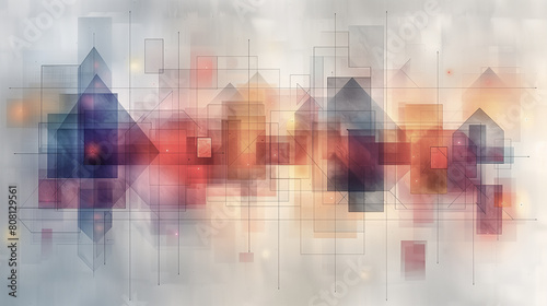 an abstract watercolor background, cool and warm hues, with distinct layers of red, blue, and transparent squares and rectangles that blend into each other photo